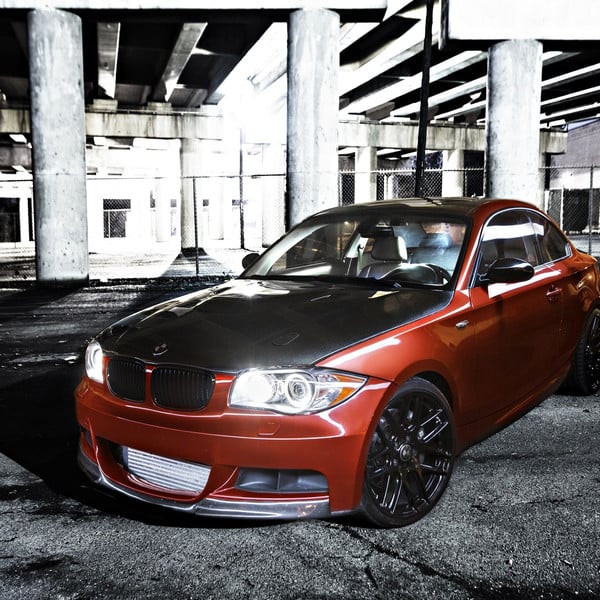 Red BMW 1-Series with Carbon Fiber Hood - Photo by dan kinzie