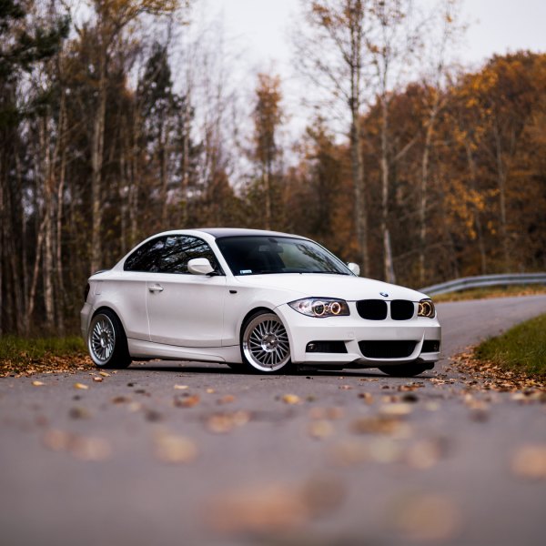 White BMW 1-Series with Custom Halo Headlights - Photo by JR Wheels