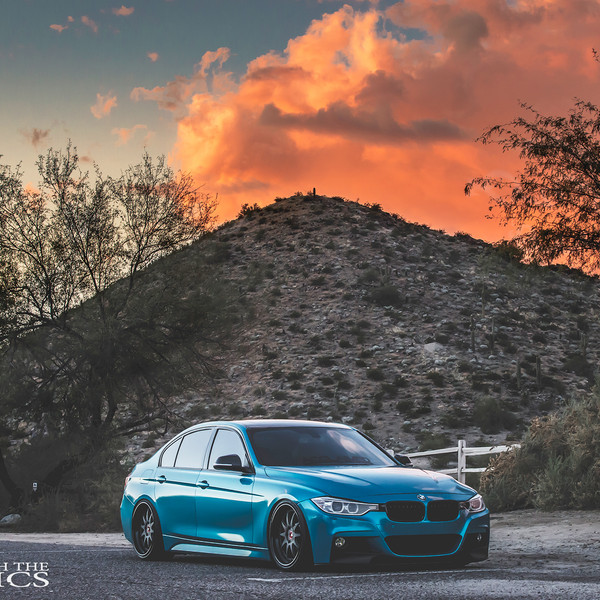 Blue Stanced BMW 3-Series with Aftermarket Headlights - Photo by Avant Garde Wheels