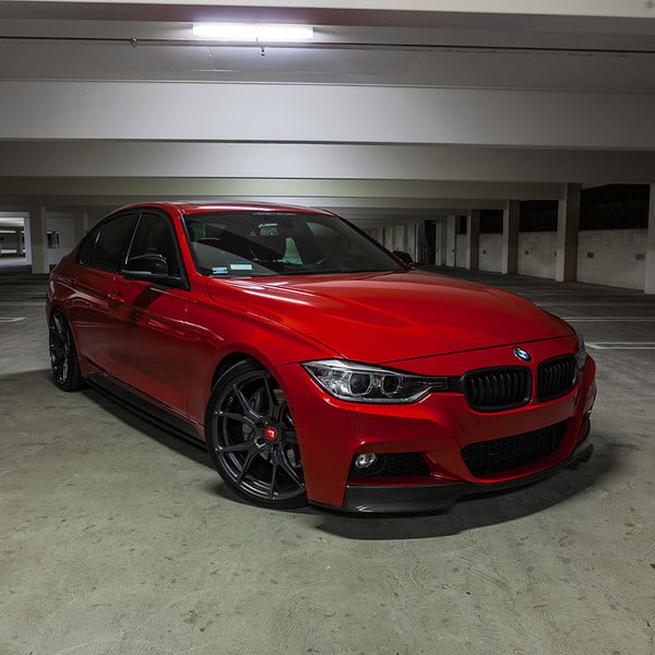 Red BMW 3-Series with Dark Smoke Halo Headlights - Photo by Vorstiner