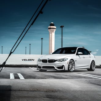 Aftermarket Halo Headlights on White BMW 3-Series - Photo by Velgen Wheels