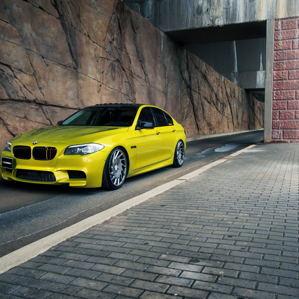 Yellow BMW 5-Series with Custom Front Bumper - Photo by Vossen