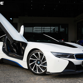 Carbon Fiber Front Lip on White BMW i8 - Photo by Vorsteiner