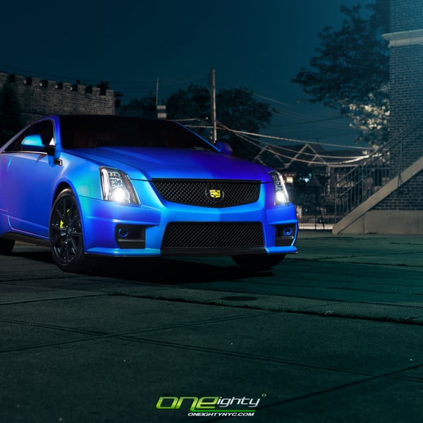 Blacked Out Mesh Grille on Blue Cadillac CTS - Photo by ONEighty NYC