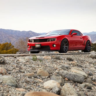 Front Bumper with Fog Lights on Red Chevy Camaro - Photo by Rohana Wheels