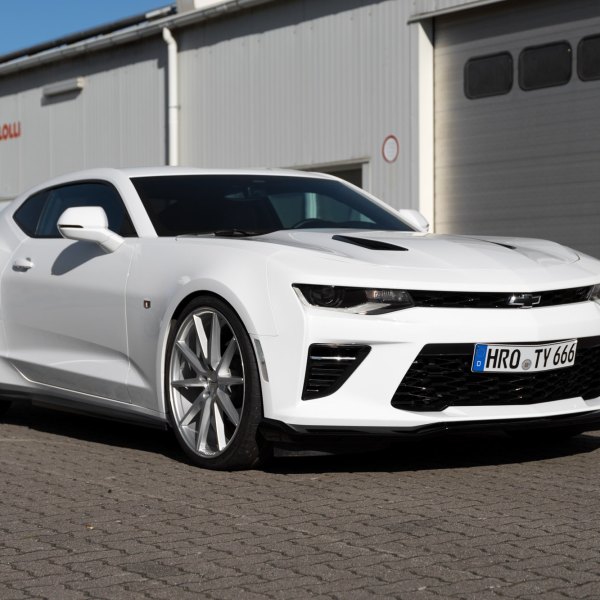 White Chevy Camaro with Aftermarket Front Bumper - Photo by Vossen