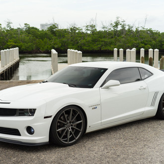 White Chevy Camaro LS with Custom Black Front Lip - Photo by Vossen
