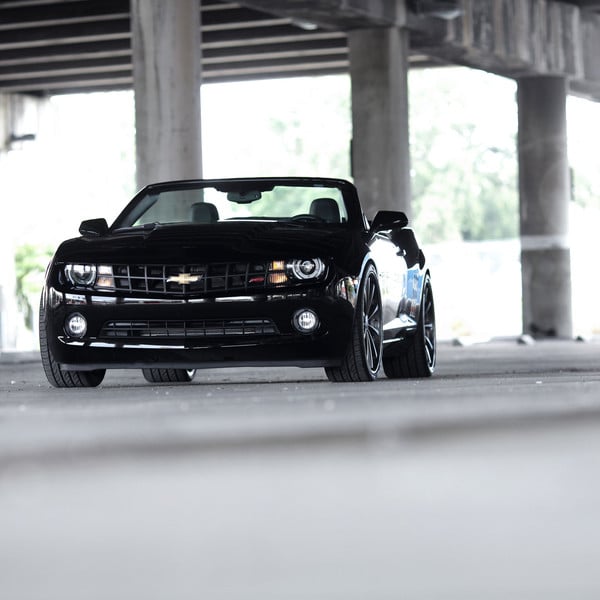 Black Convertible Chevy Camaro with Custom Headlights - Photo by Vossen