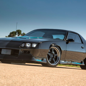 Custom Headlights on Dark Blue Chevy Camaro - Photo by Forgeline Motorsports
