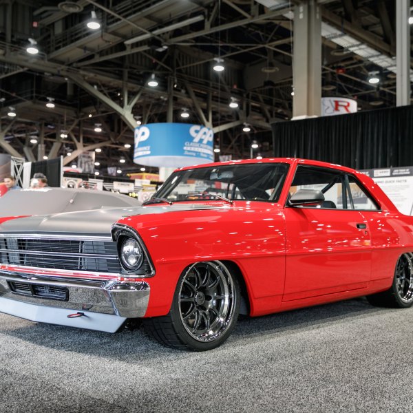 Aftermarket Hood on Red Chevy II - Photo by Forgeline Motorsports