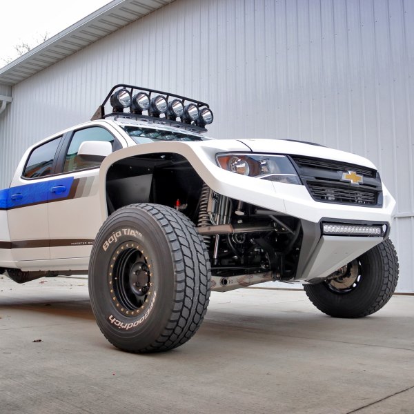 Custom Bull Bar on White Lifted Chevy Colorado - Photo by Roadster Shop