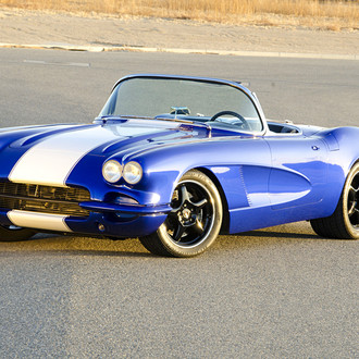 Custom Blue Convertible Chevy Corvette with White Stripes - Photo by Steve Temple