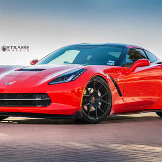 Custom Hood with Air Vents on Red Chevy Corvette - Photo by Strasse Forged