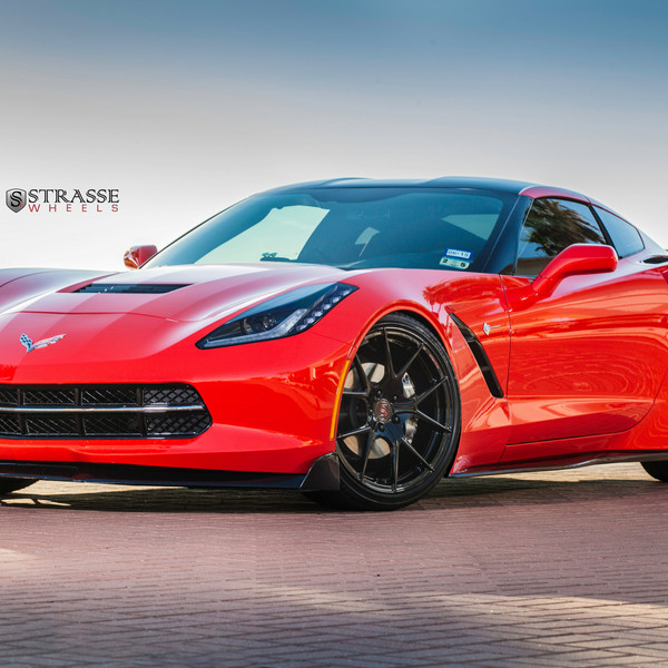Custom Hood with Air Vents on Red Chevy Corvette - Photo by Strasse Forged