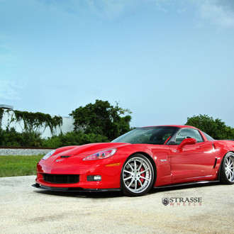 Carbon Fiber Front Lip on Red Chevy Corvette - Photo by Strasse Forged