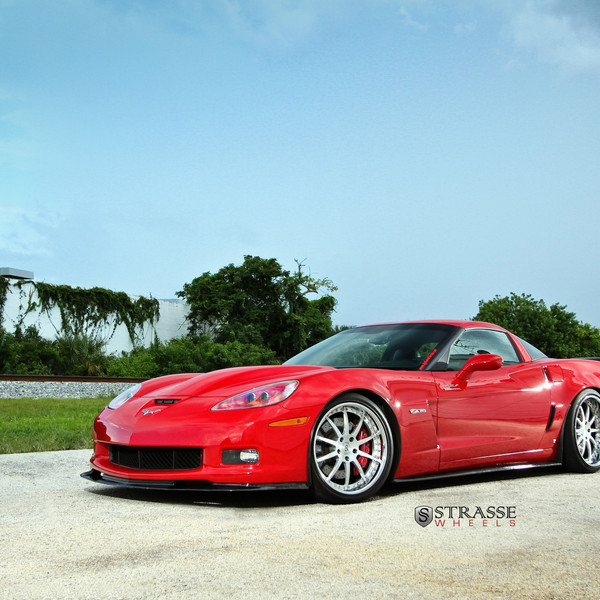 Carbon Fiber Front Lip on Red Chevy Corvette - Photo by Strasse Forged