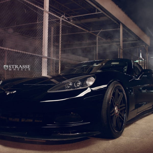 Carbon Fiber Front Lip on Black Chevy Corvette - Photo by Custom Black Chevy Corvette Gets Even More Aggressive with Dark Smoke Headlights Strasse Forged