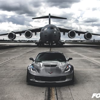 Aftermarket Vented Hood on Gray Chevy Corvette - Photo by Forgeline Motorsports