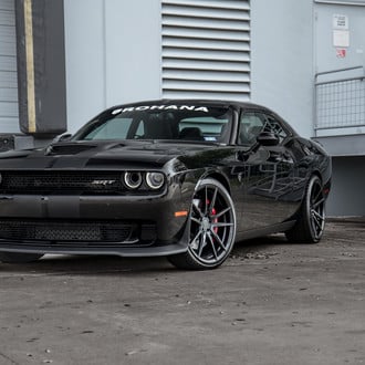 Black Dodge Challenger SRT with Aftermarket Vented Hood - Photo by Rohana Wheels