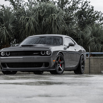 Aftermarket Vented Hood on Gray Dodge Challenger SRT - Photo by Vossen