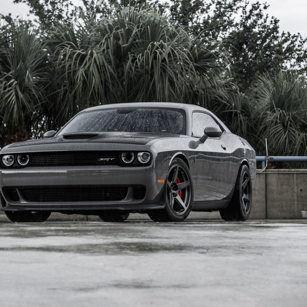 Aftermarket Vented Hood on Gray Dodge Challenger SRT - Photo by Vossen