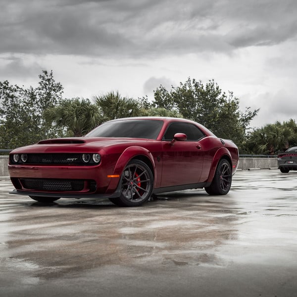 Custom Front Bumper Lip on Red Dodge Challenger - Photo by Vossen