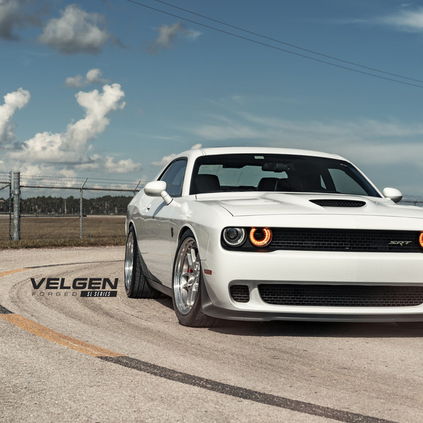 Blacked Out Mesh Grille on White Dodge Challenger SRT - Photo by Velgen Wheels
