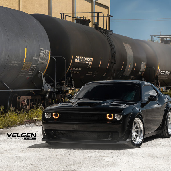 Aftermarket Vented Hood on Black Dodge Challenger - Photo by Velgen Wheels