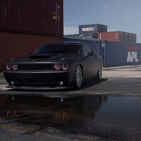 Black Dodge Challenger With Air Suspension in The Docks - Photo by Vossen