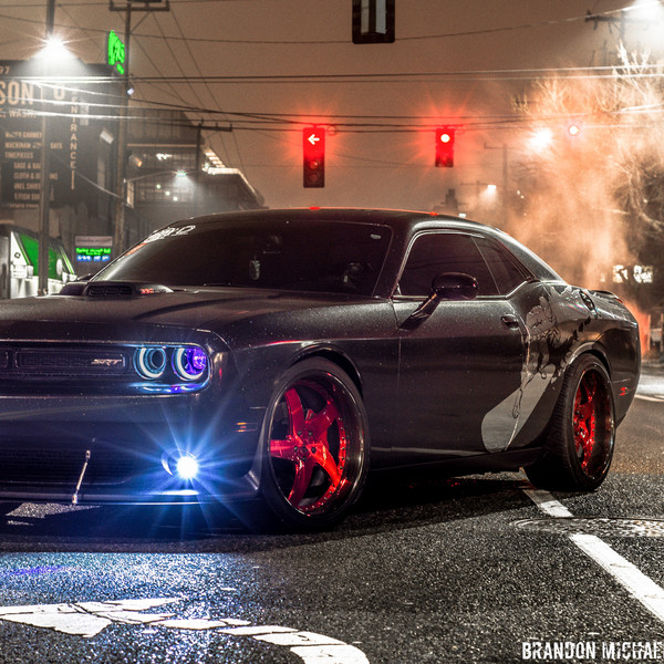 Stanced SRT Challenger With Red Custom Wheels - Photo by Avant Garde