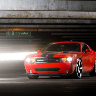 Custom Red Dodge Challenger with Black Stripes - Photo by Vossen