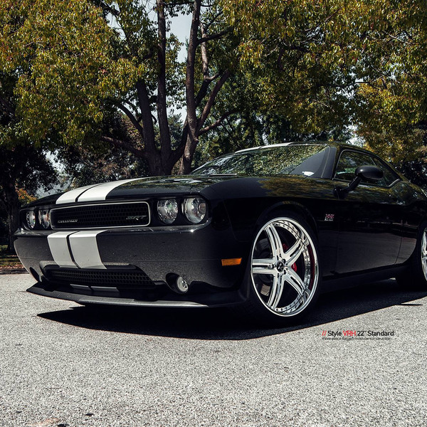 Custom Black Dodge Challenger with White Stripes - Photo by Vellano