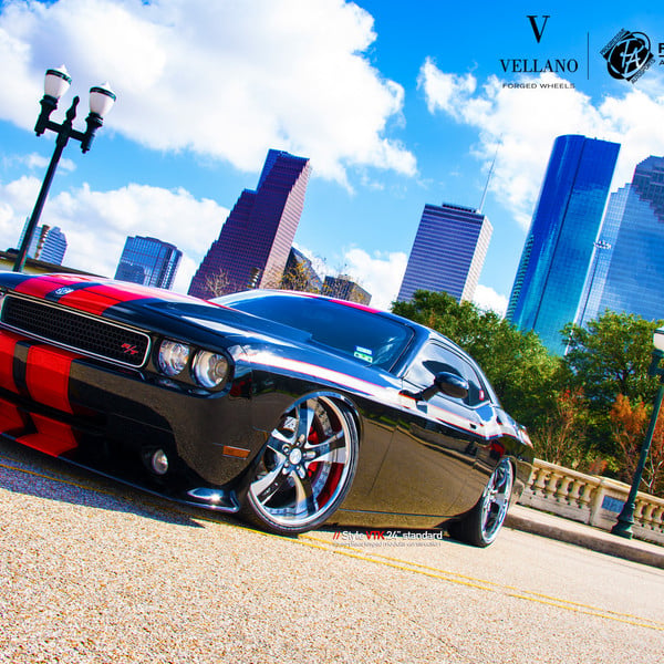 Black Stanced Dodge Challenger RT with Red Stripes - Photo by Vellano