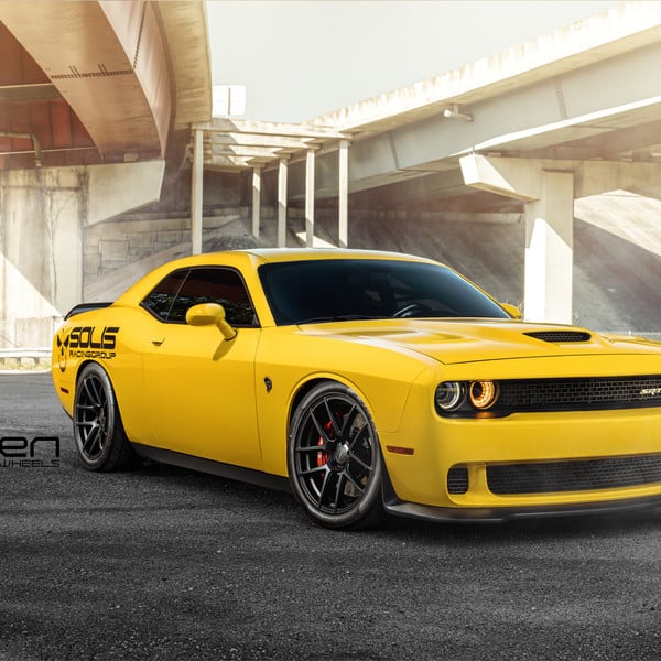 Yellow Dodge Challenger SRT with Custom Vented Hood - Photo by Velgen