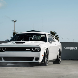 White Dodge Challenger SRT with Aftermarket Hood - Photo by Velgen