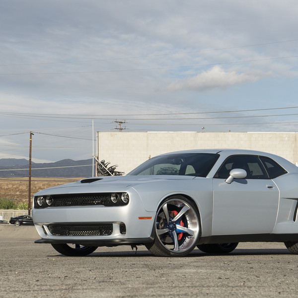 Gray Dodge Challenger with Custom Vented Hood - Photo by Forgiato