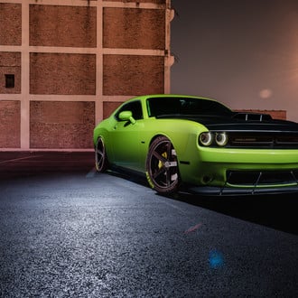 Lime Green Dodge Challenger with Custom Hood - Photo by Rohana