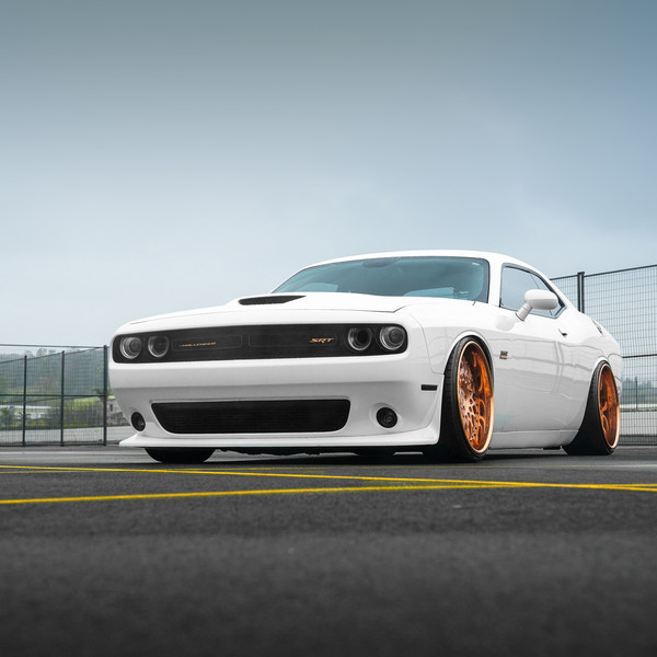 Front Bumper with Fog Lights on White Dodge Challenger - Photo by Avant Garde Wheels