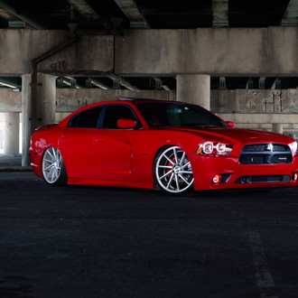 Lowered Red Dodge Charger with Custom Body Kit - Photo by Vossen