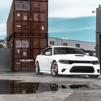 White Dodge Charger with Dark Smoke LED Headlights - Photo by Velgen