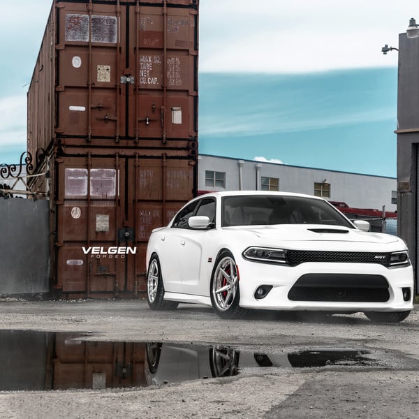 White Dodge Charger with Dark Smoke LED Headlights - Photo by Velgen