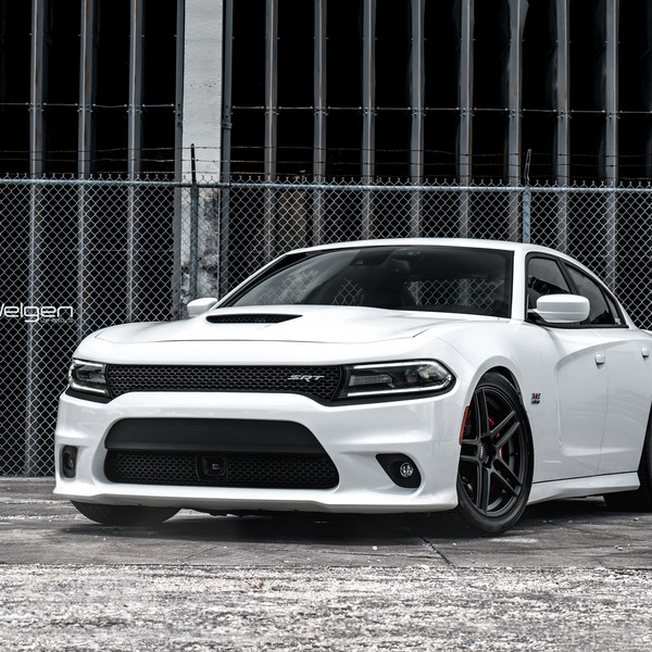 White Dodge Charger SRT with Aftermarket Hood - Photo by Velgen