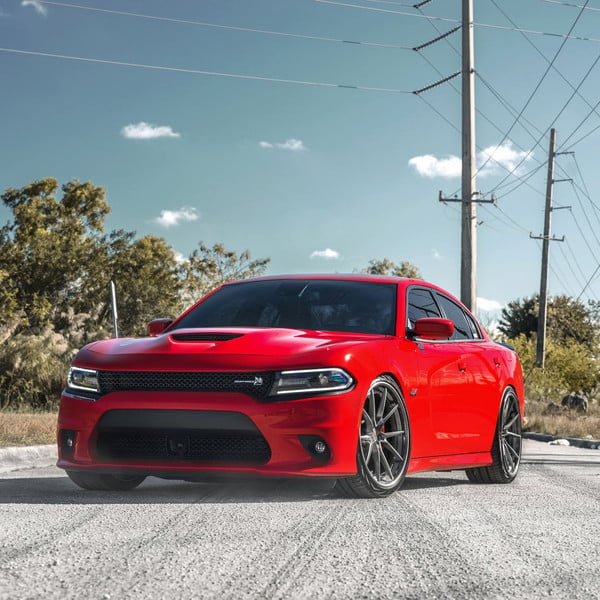 Custom Vented Hood on Red Dodge Charger SRT - Photo by Anrky Wheels