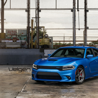 Blue Dodge Charger SRT with Custom Vented Hood - Photo by Velgen Wheels