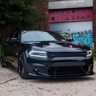 Custom Vented Hood on Black Dodge Charger Scat Pack - Photo by Blaque Diamond Wheels