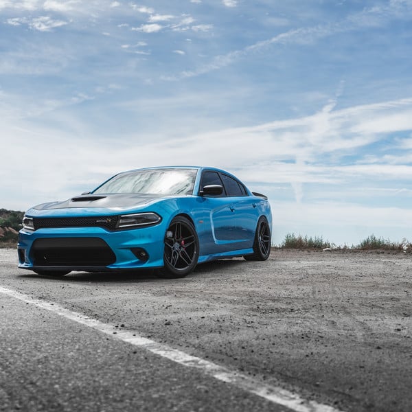 Custom Hood with Air Vent on Blue Dodge Charger - Photo by Blaque Diamond Wheels