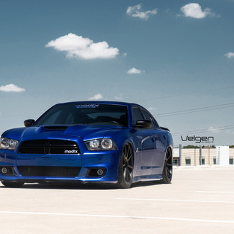 Blue Dodge Charger with Aftermarket Vented Hood - Photo by Velgen