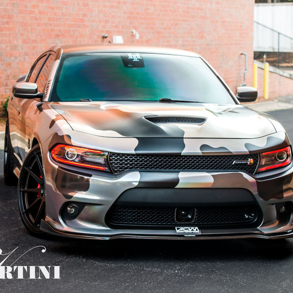 Color LED-Bar Headlights on Camo Dodge Charger - Photo by Vertini Wheels