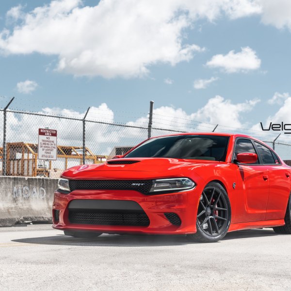 Blacked Out Mesh Grille on Red Dodge Charger SRT - Photo by Velgen Wheels