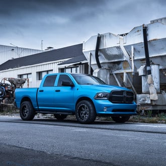 Blue Chrome Wrapped Ram on Fuel Maverick Wheels and 33 Inch Tires